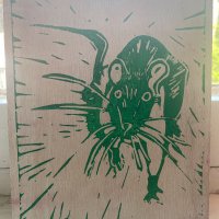Rat, first sign of the Chinese Zodiac
Lino on wood